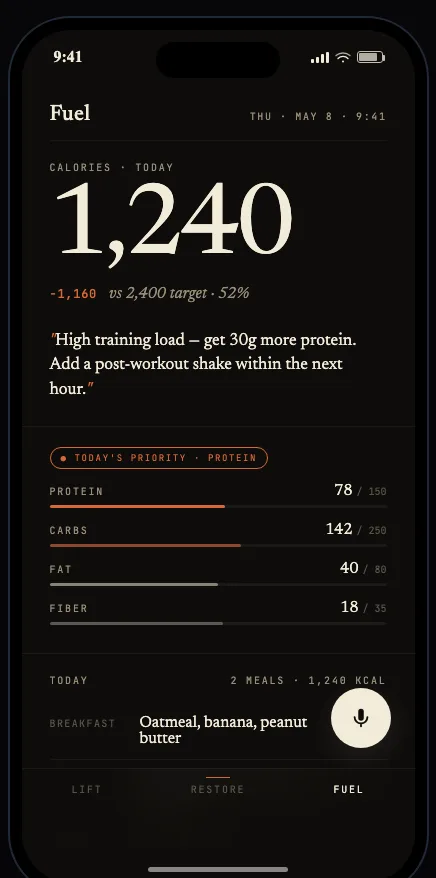 The Fuel screen: calories against target, macro rings, and today’s meals.