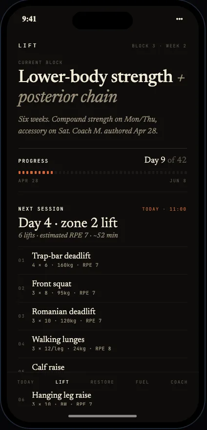 The Lift screen: the current block, its progress, and the next session’s six lifts.