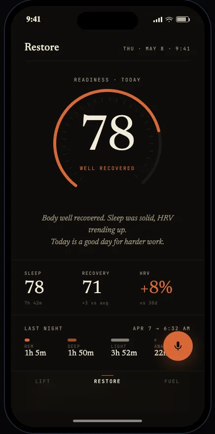 The Restore screen: a readiness ring at 78, sleep and HRV, and last night’s stages.